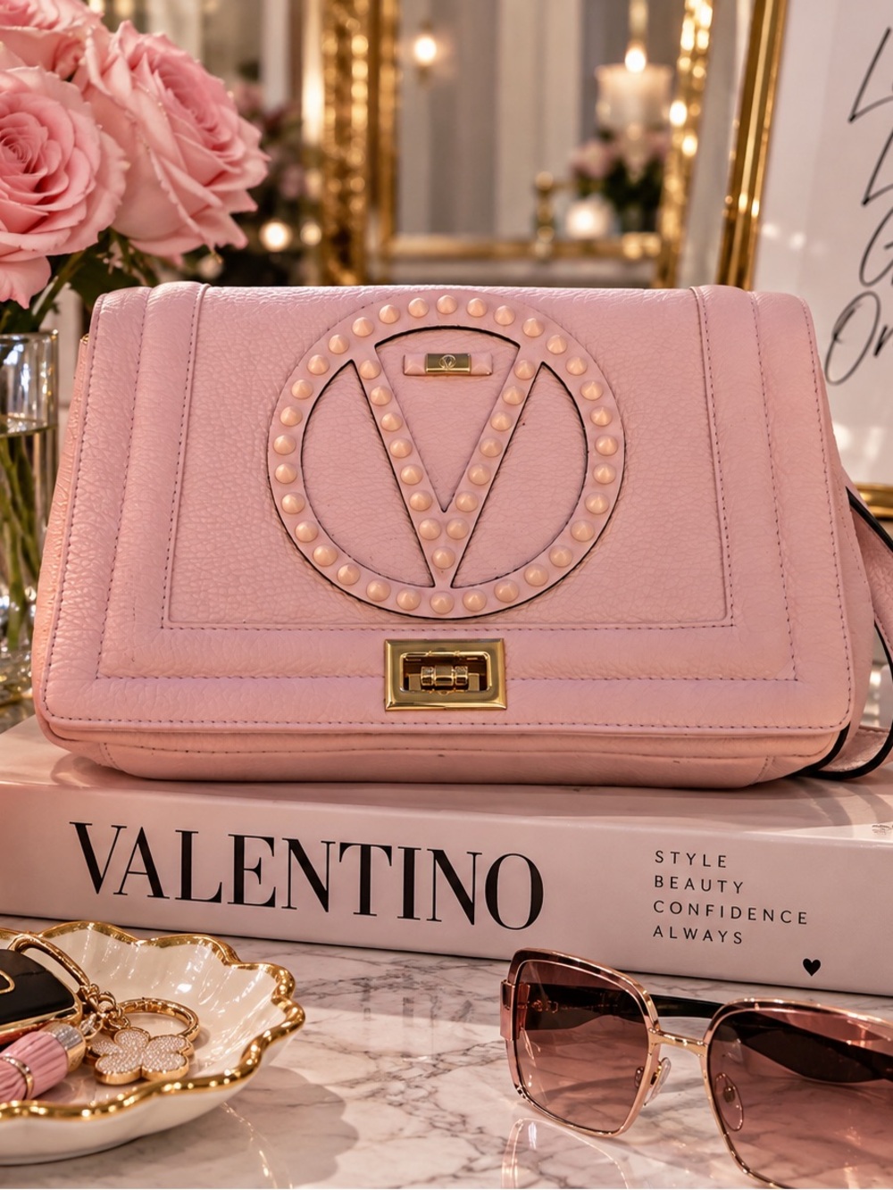 Valentino Pink Pearl-Studded Leather Shoulder Bag with Gold Hardware
